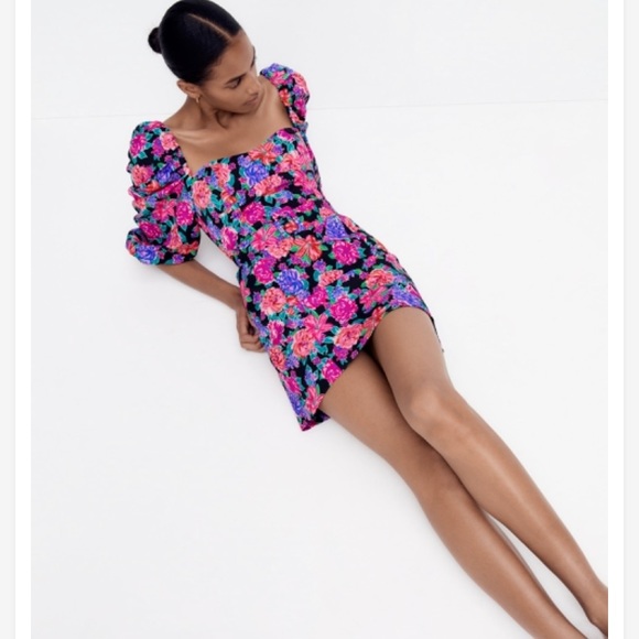 Zara Pink Floral Heart Neckline Puff Sleeve Belted Romantic Mini Dress NWT - Picture 6 of 16